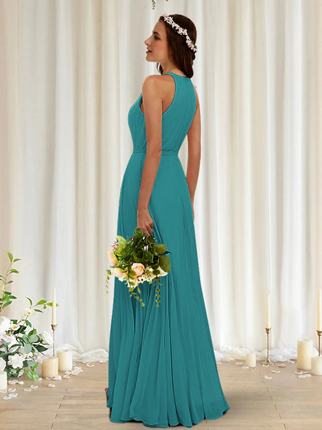 Luolandi A-Line Bridesmaid Dress Halter Neck Sleeveless Elegant Floor Length Chiffon / Lace
